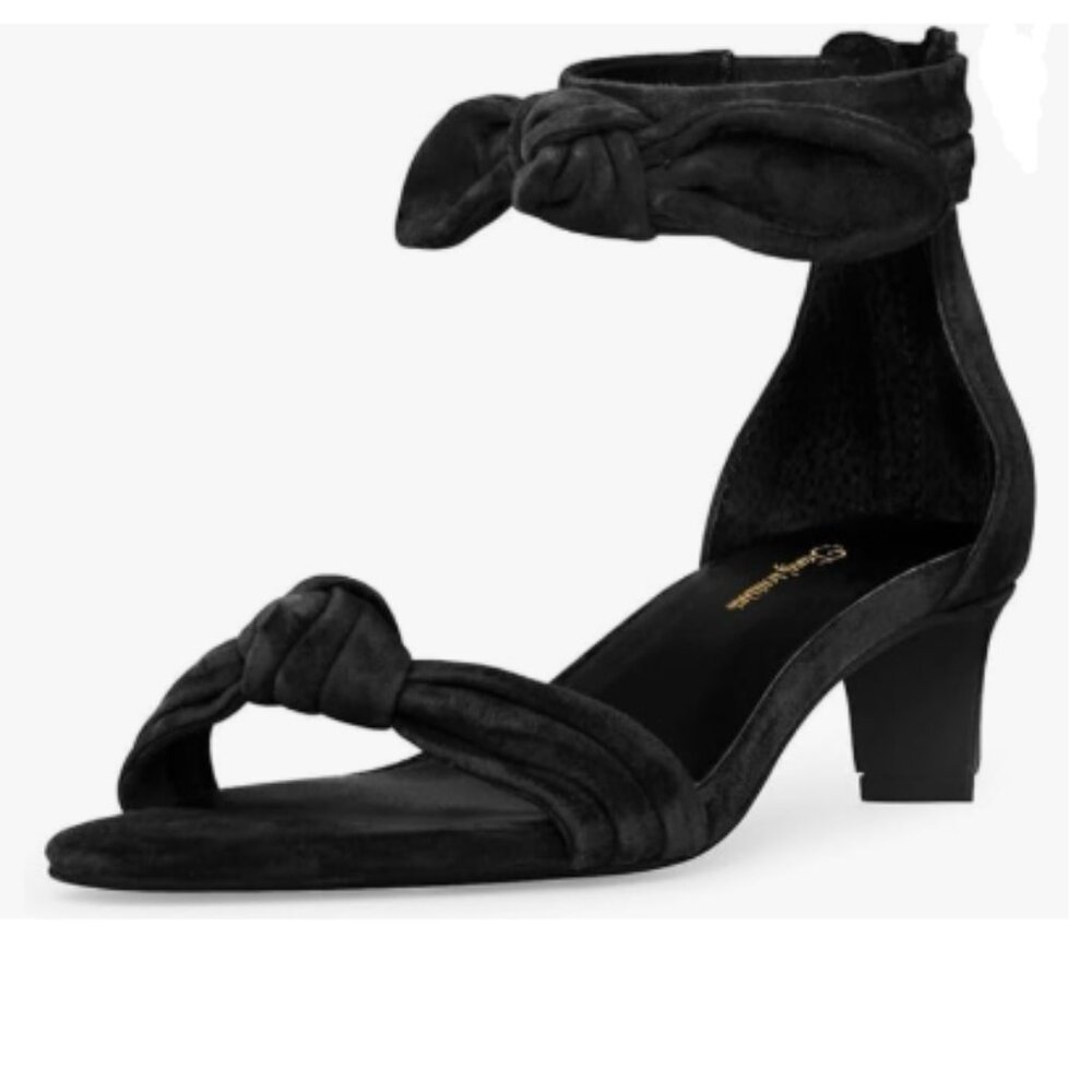 Tang'scuisins Black Bowknot Open Toe Ankle Strap Low Chunky Heels Zipper Sandals